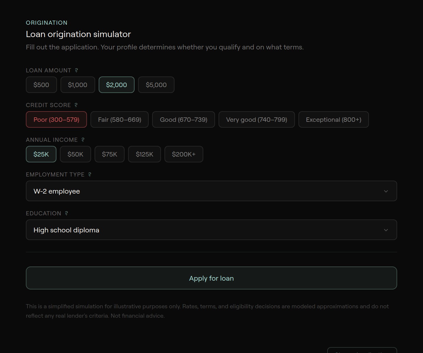 Loan origination simulator